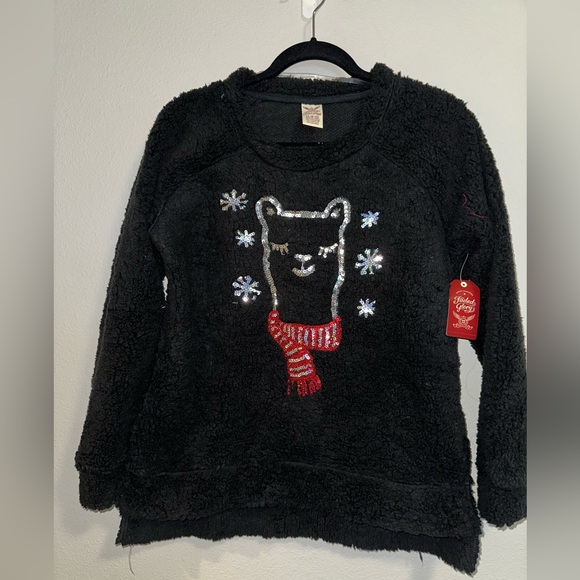 NWT Faded Glory Sequin Llama Holiday Winter Black Sherpa Size Medium - Picture 1 of 1
